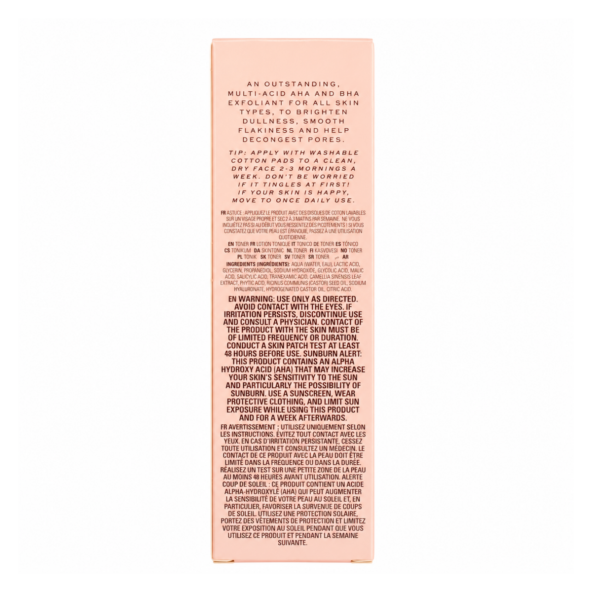 Revolution Skincare x Sali Hughes Placid 5 Acid Daily Exfoliant 150ml bottle back view showing ingredient details and directions
