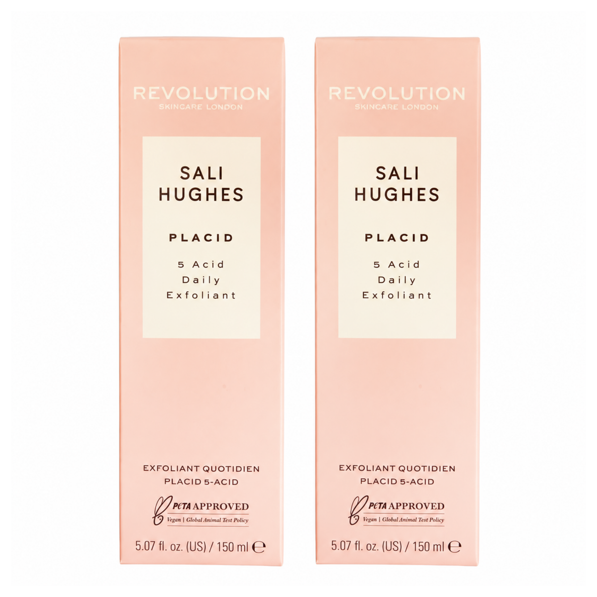 Revolution Skincare x Sali Hughes Placid 5 Acid Daily Exfoliant 150ml bottle shown alongside product packaging box