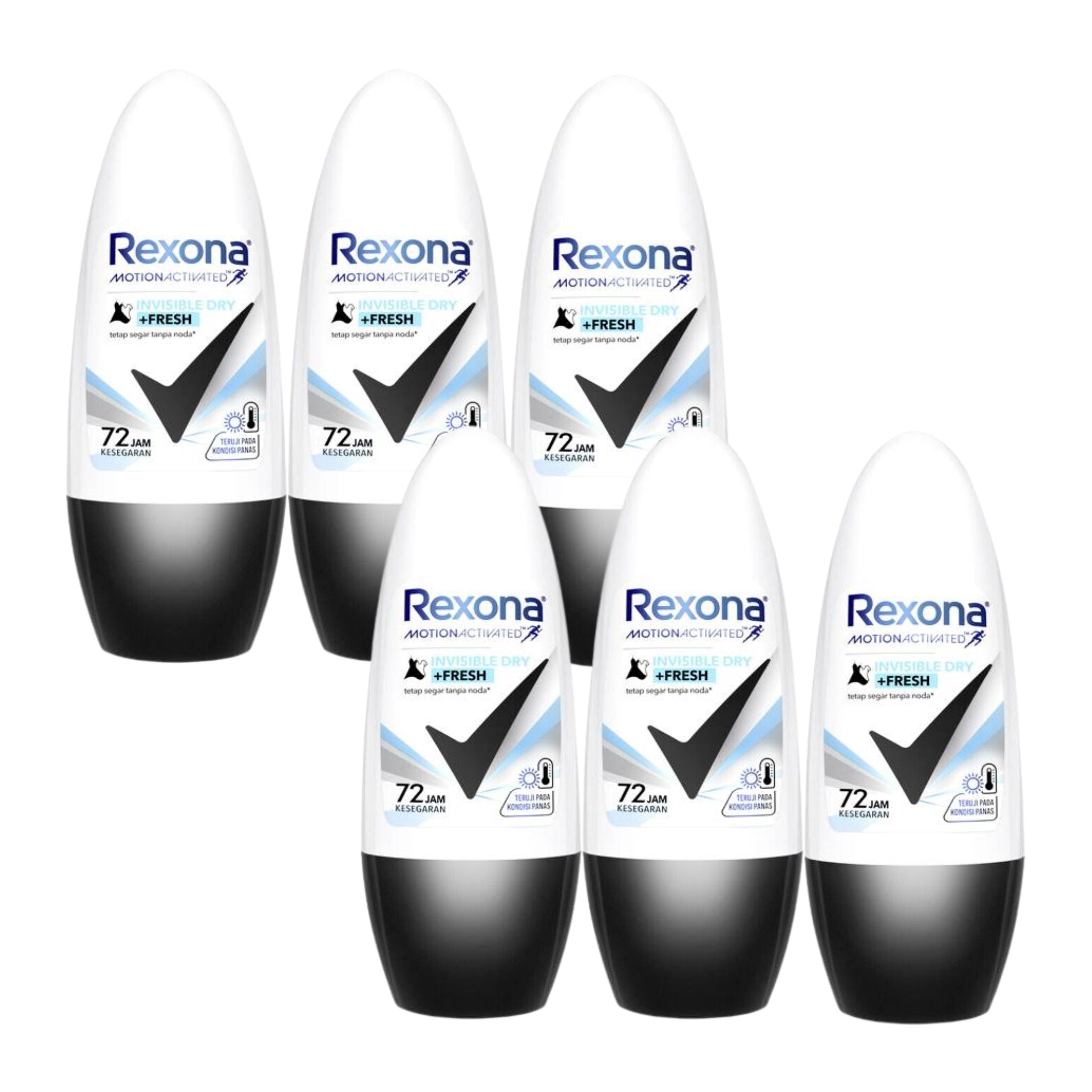 Six bottles of Rexona antiperspirant deodorant on a white background