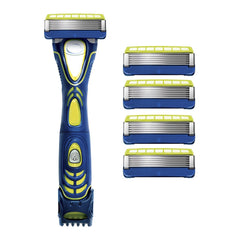 Blue and yellow razor with four additional razor heads on a white background