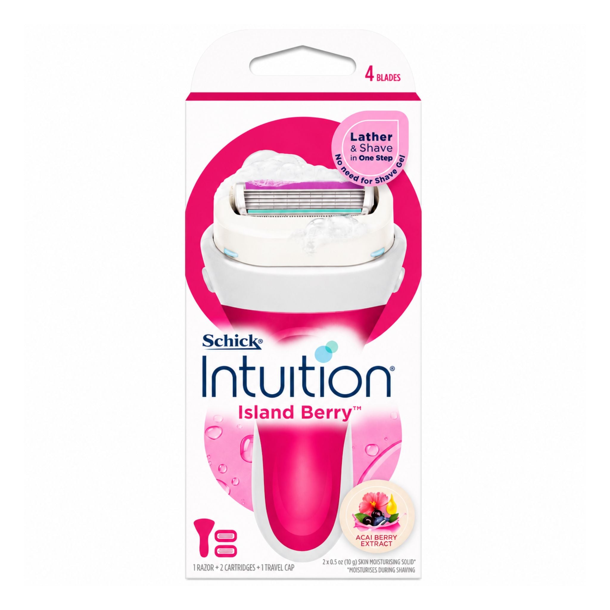 Schick Intuition Island Berry Razor featuring built-in moisturising solid with Acai Berry Extract