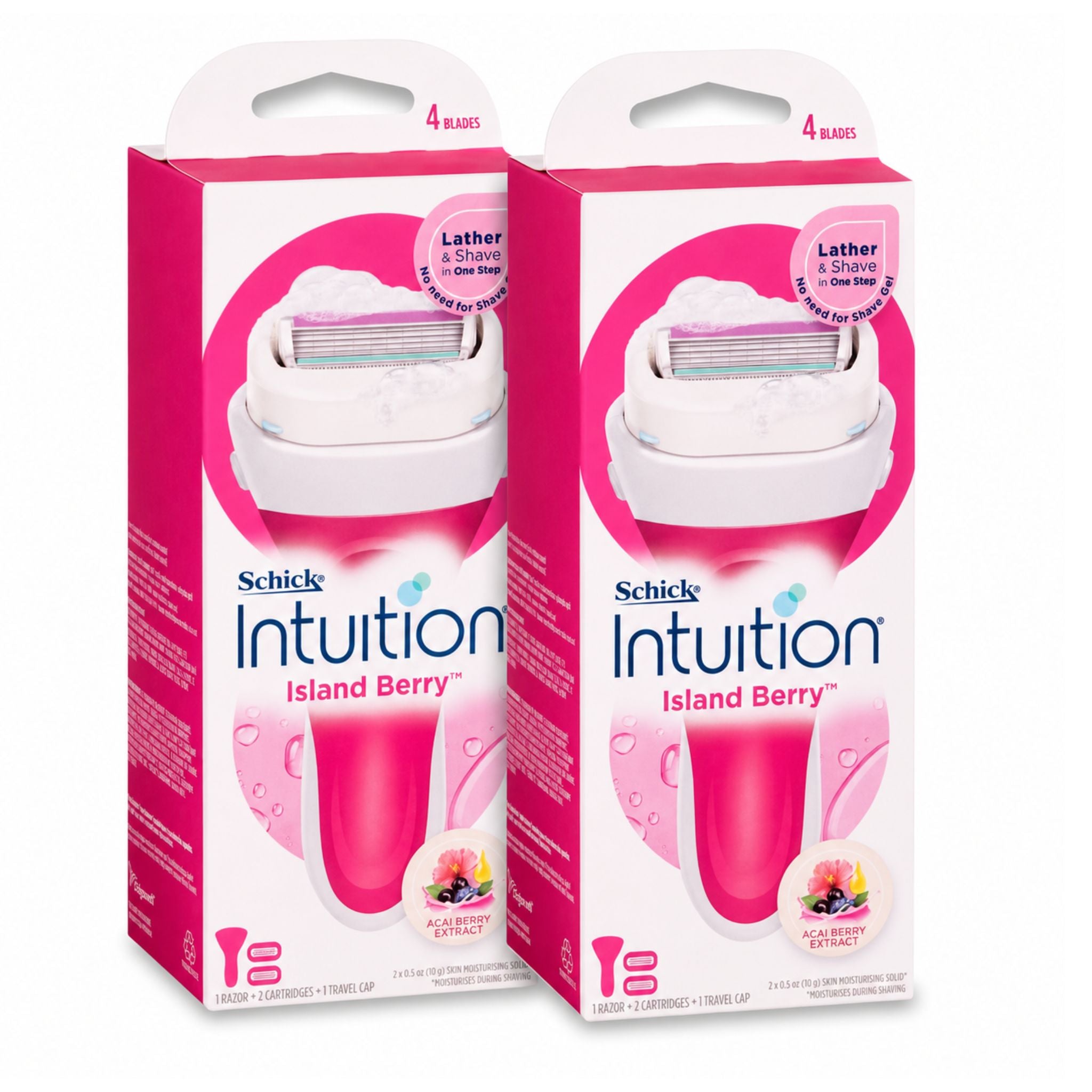 Schick Intuition Island Berry Women's Razor Starter Kit Twin Pack with 4-Blade Razors and Travel Caps