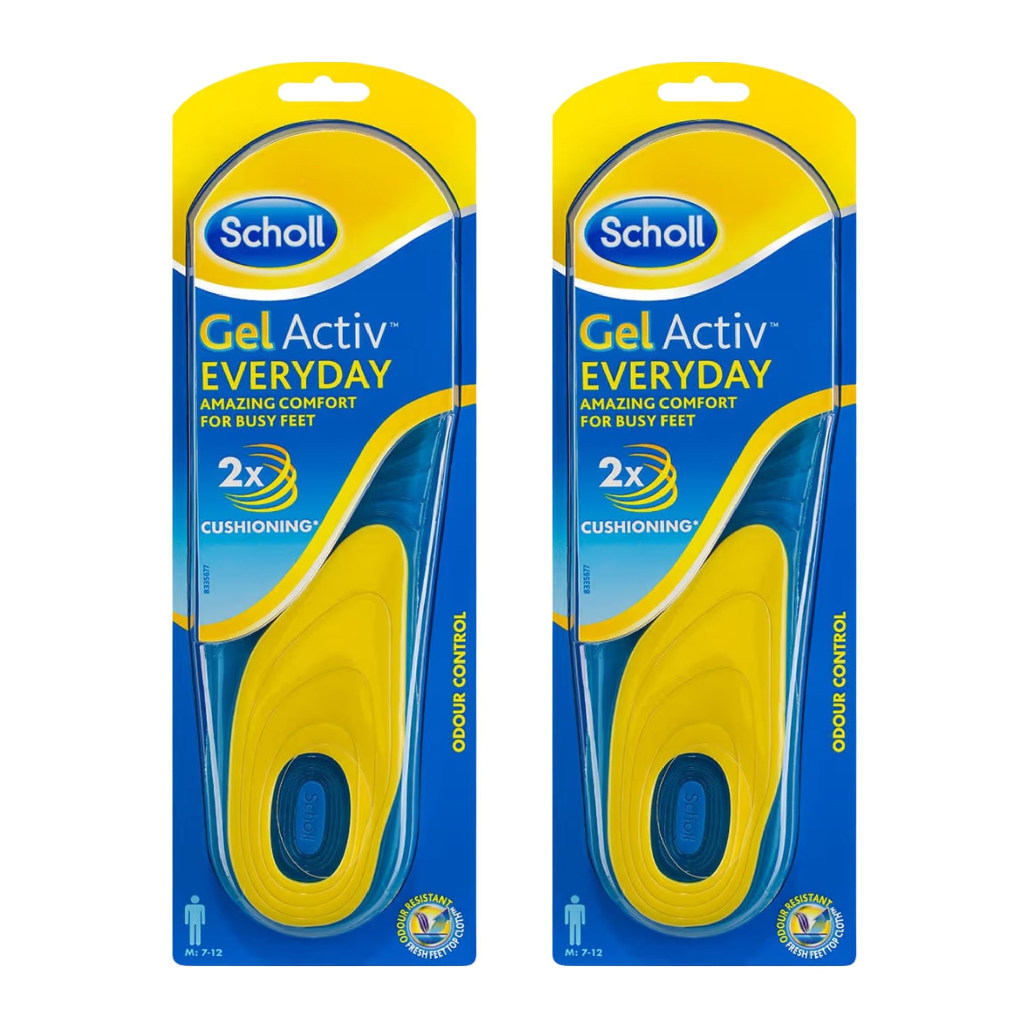 Two packages of Scholl Gel Activ Everyday insoles on a white background