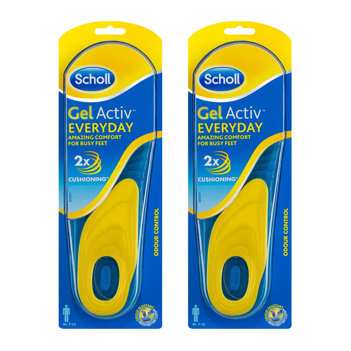 Two packages of Scholl Gel Activ Everyday insoles on a white background