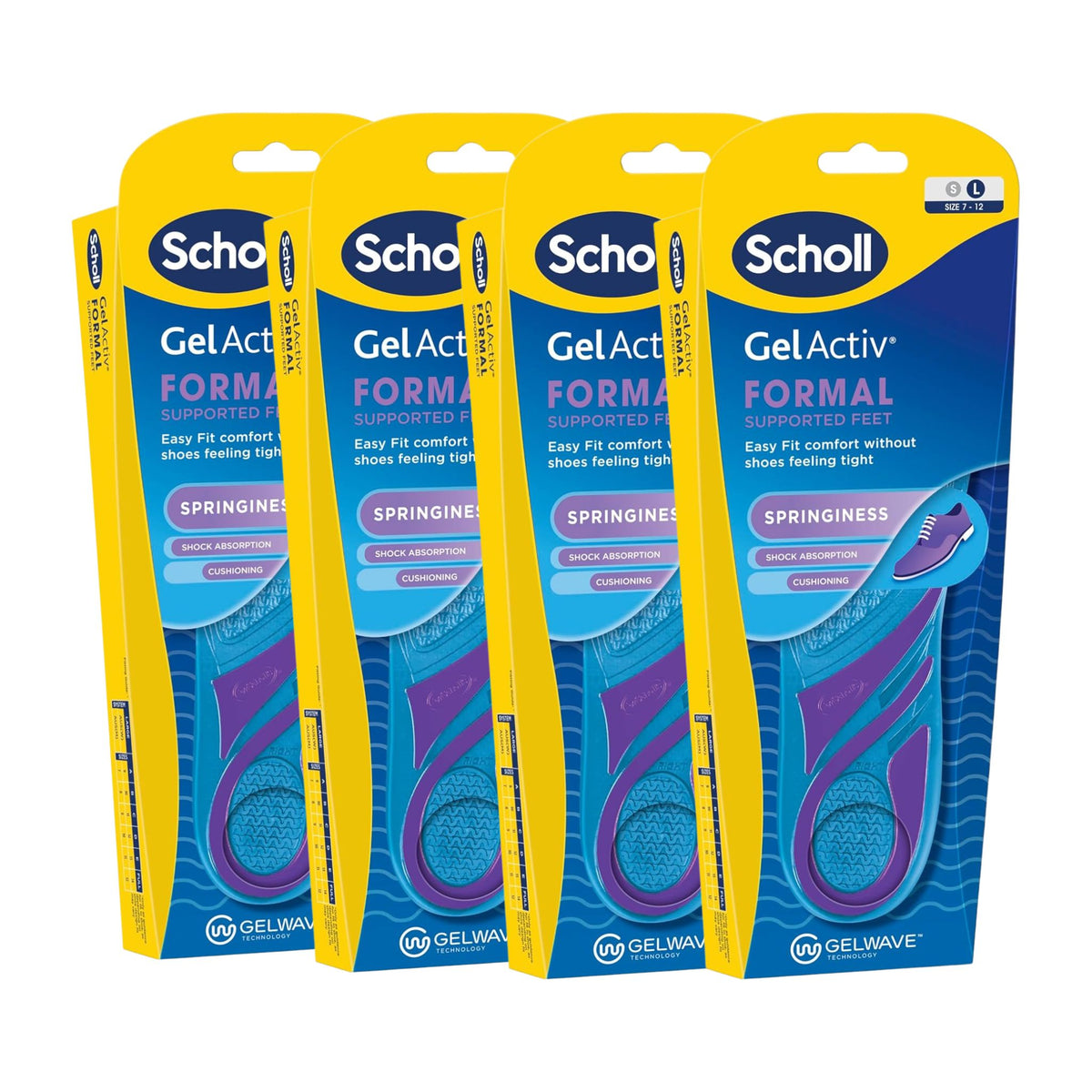 Four packages of Scholl GelActiv Formal shoes on a white background