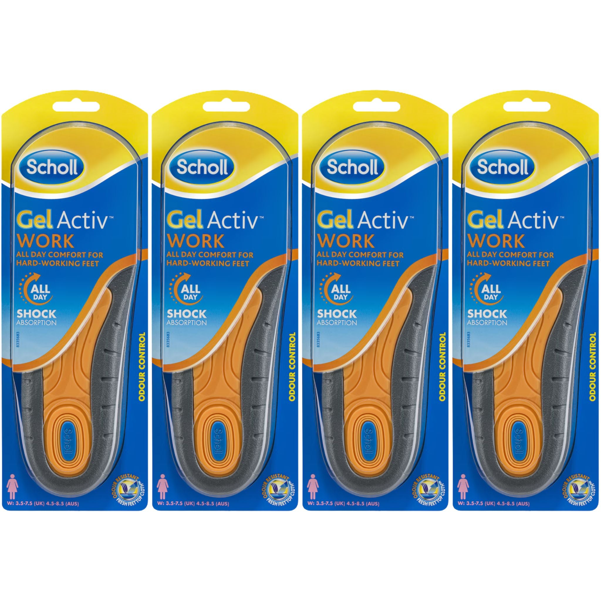 Scholl GelActiv Women’s Work Insoles Size 4.5–8.5 AUS, 4-pack front packaging