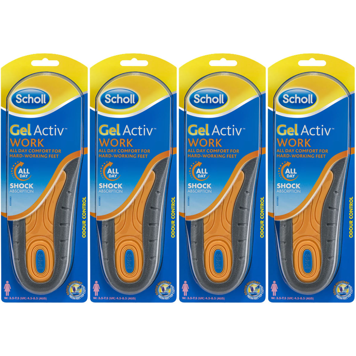 Scholl GelActiv Women’s Work Insoles Size 4.5–8.5 AUS, 4-pack front packaging