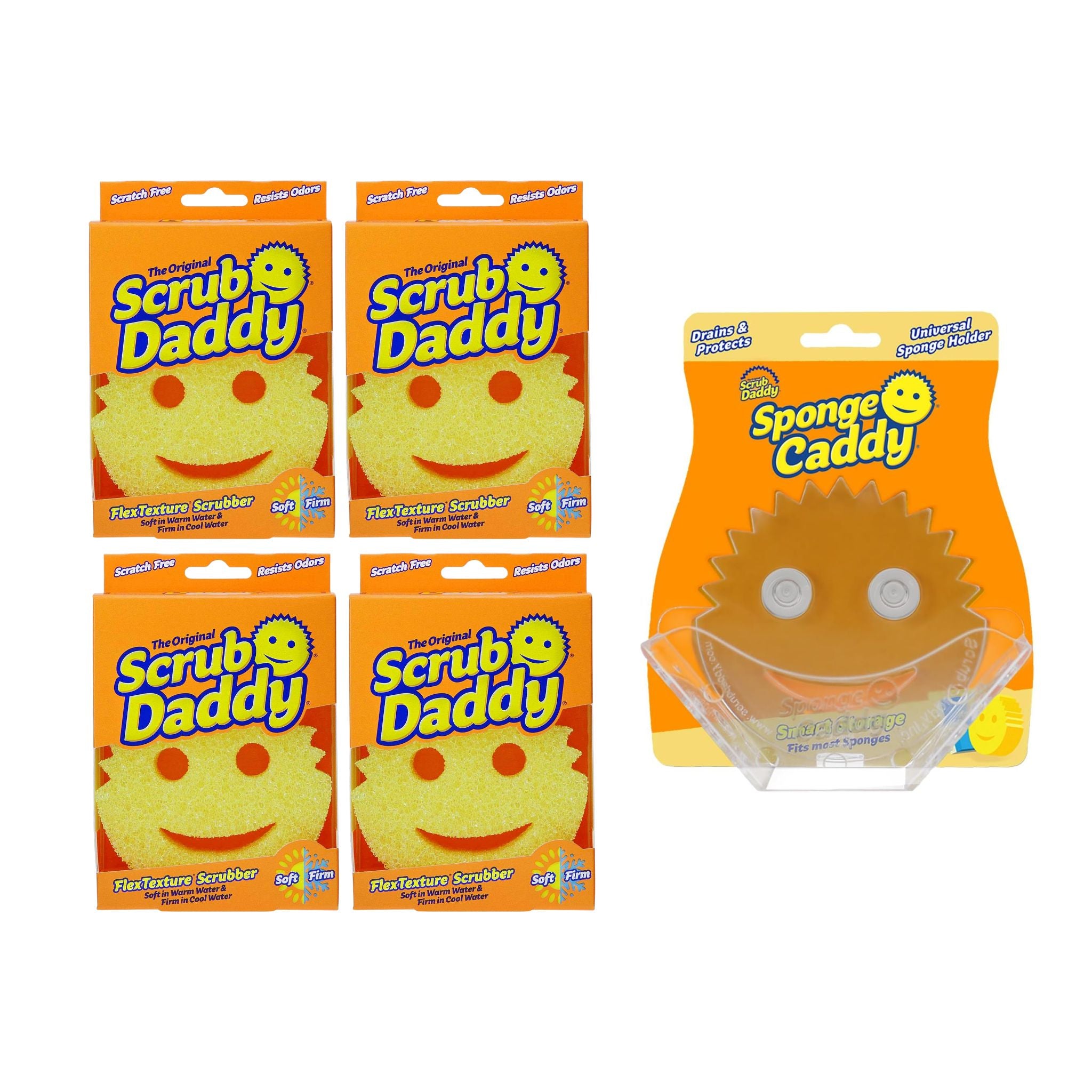 Multiple packages of Scrub Daddy with a Sponge Caddy on a white background