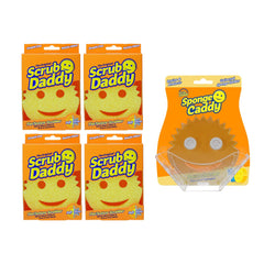 Multiple packages of Scrub Daddy with a Sponge Caddy on a white background