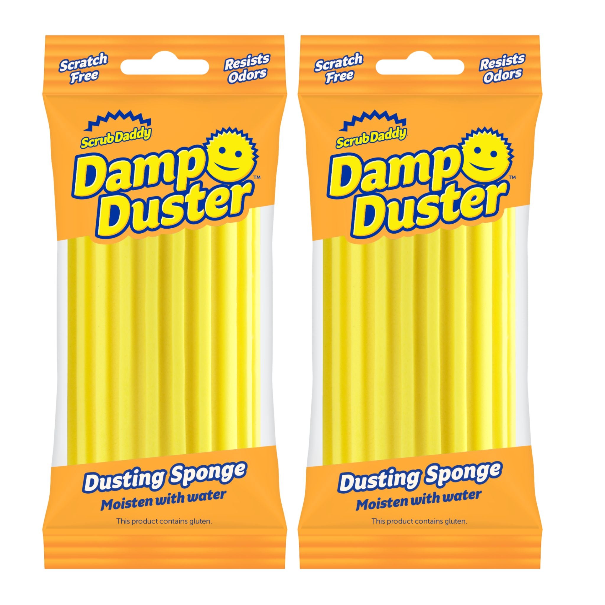 Two packages of Damp Duster dusting sponges with orange and yellow packaging.