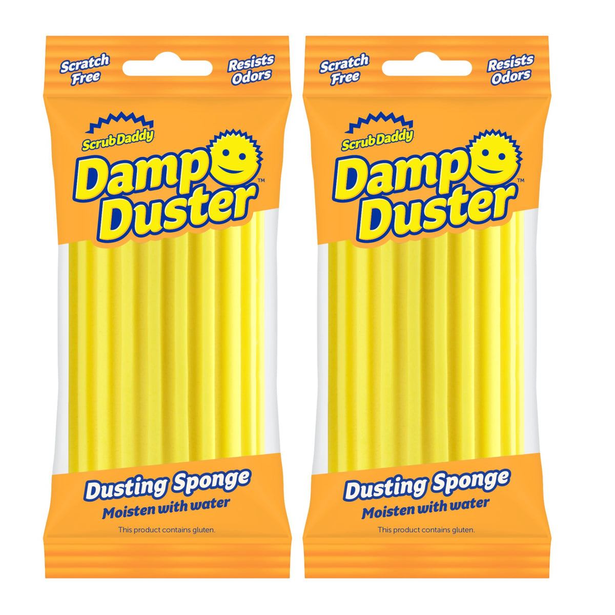 Two packages of Damp Duster dusting sponges with orange and yellow packaging.