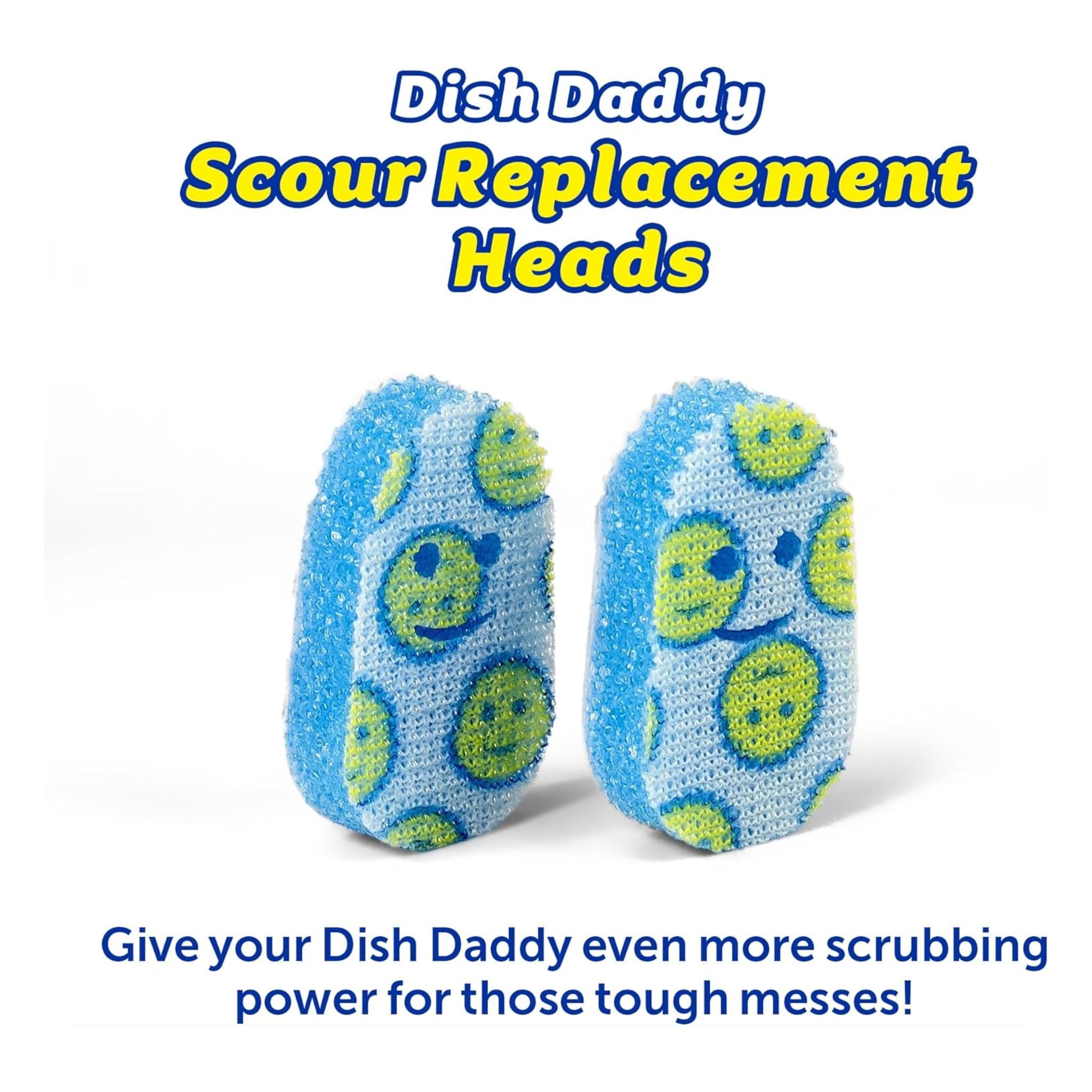 Two blue and green scrubber heads with text about Dish Daddy Scour Replacement Heads.