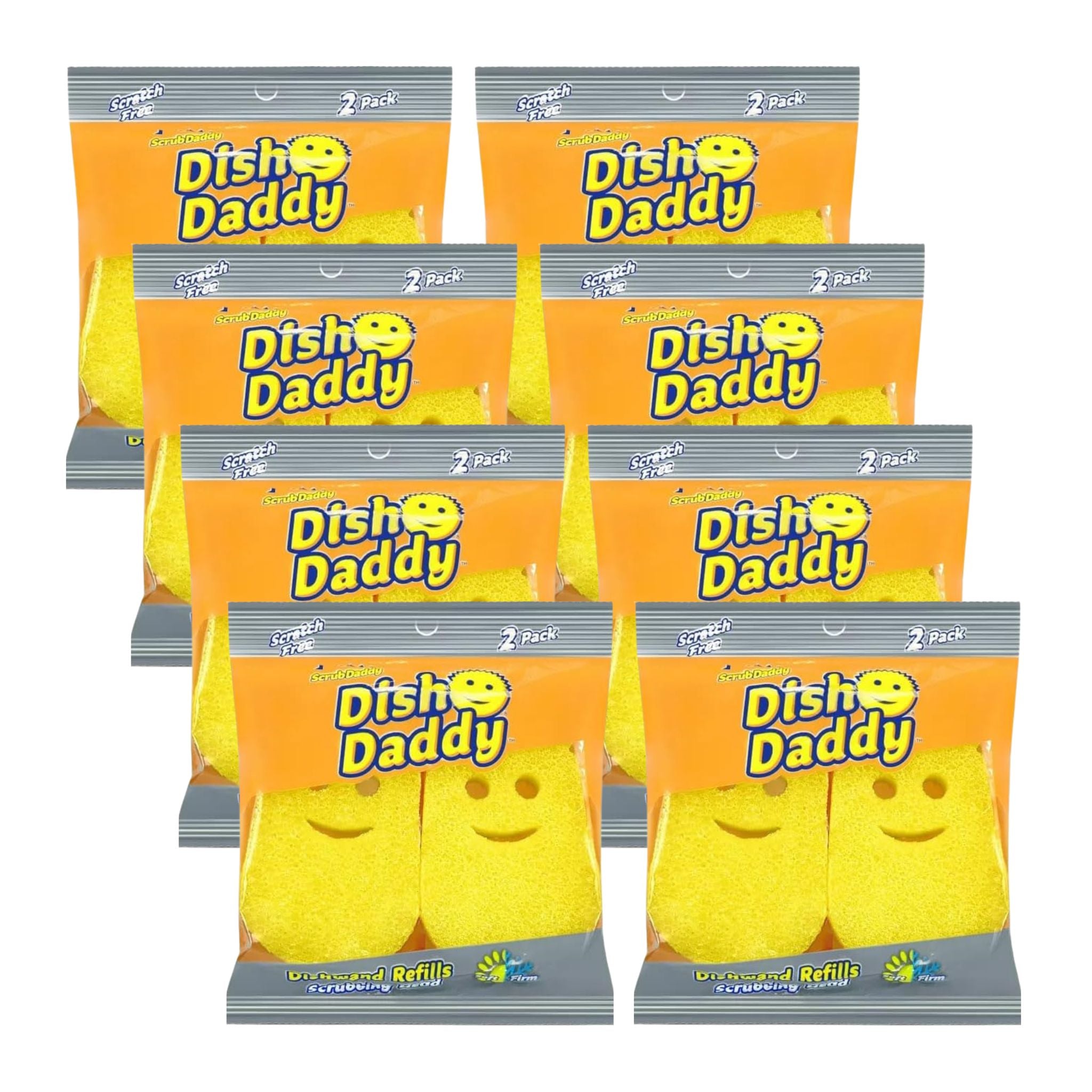 Multiple packages of Dish Daddy dishwashing sponges on a white background