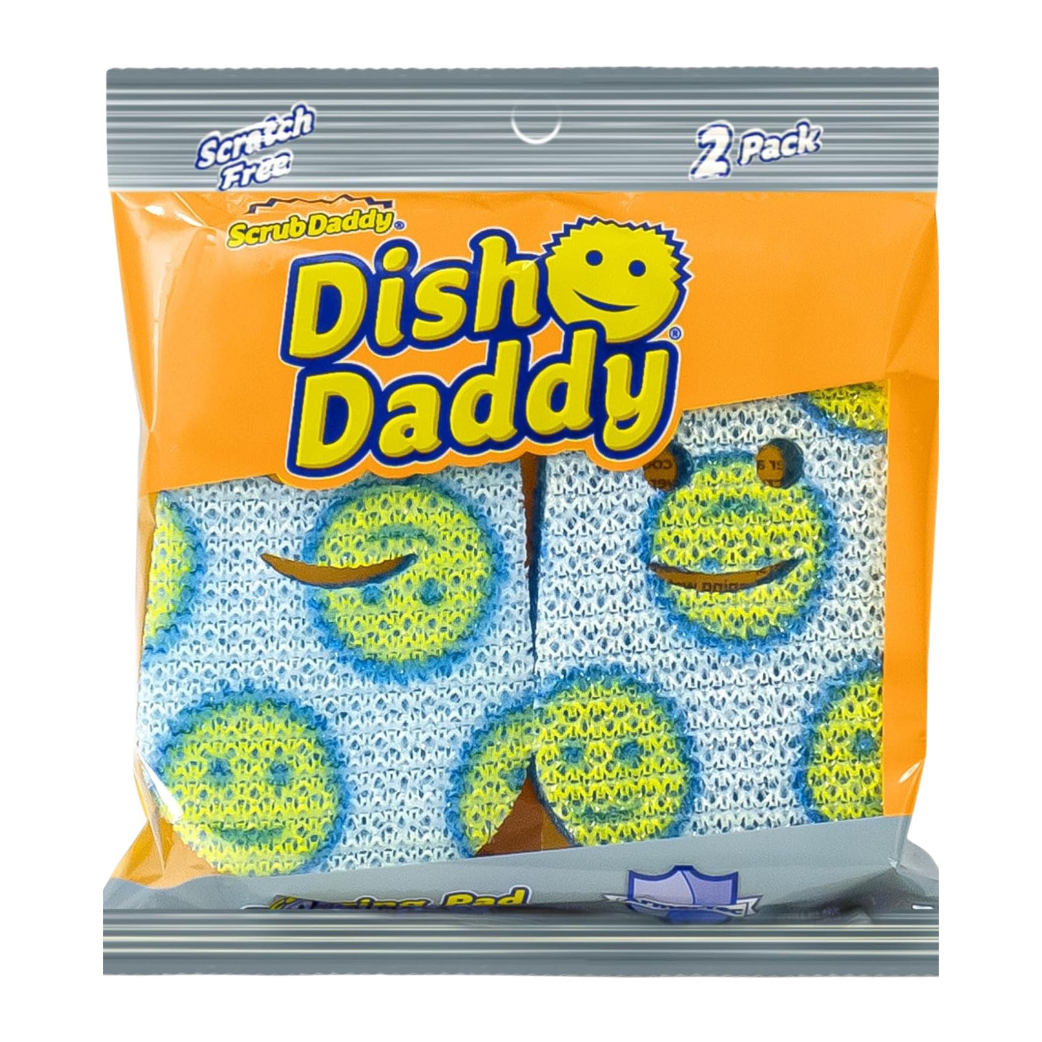 Packaging of Dish Daddy dish sponges with a smiley face design on an orange background.