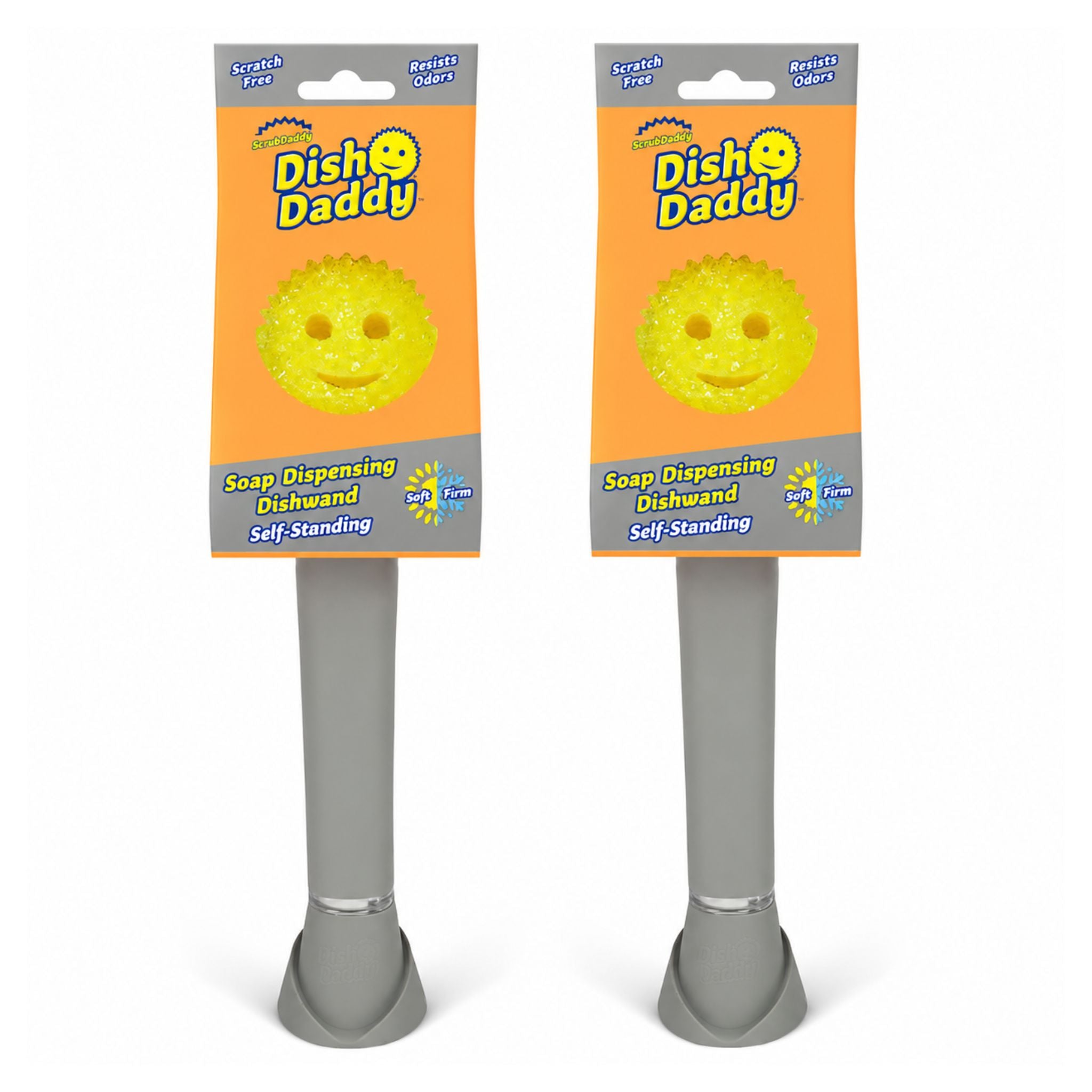 Two packaged Dish Daddy self-standing soap dispensing dishwashers on a white background, each in orange retail packaging with a yellow smiley-face scrubber visible.