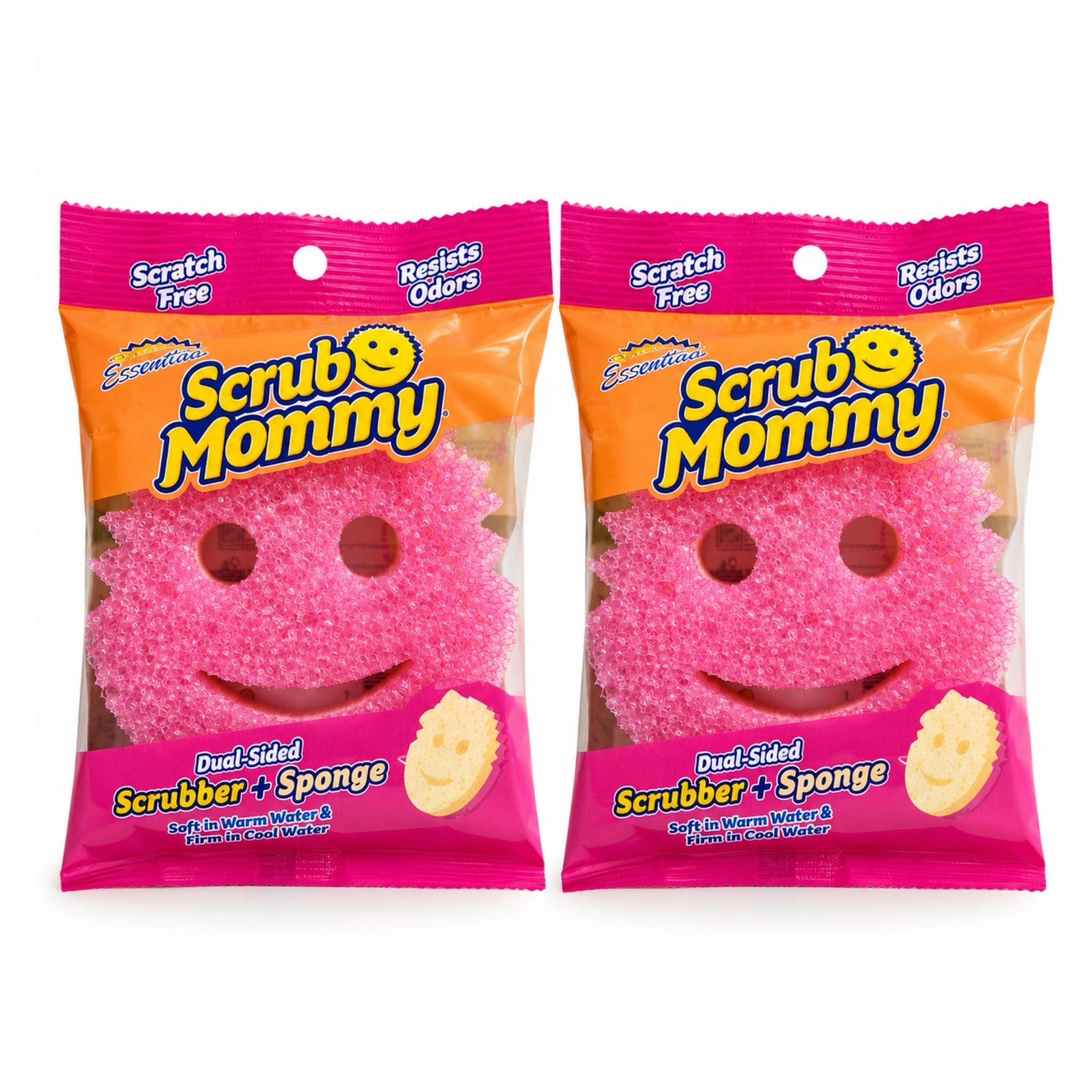 Two packages of Scrub Mommy Squeaky Washable Double-Sided Scrubber and Sponge in pink, shown side by side on a white background.