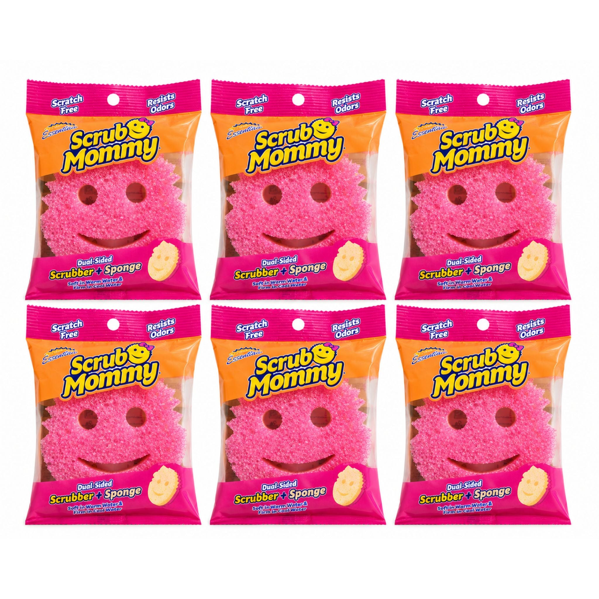 Six packages of Scrub & Mommy Smile Face Scrubber and Sponge arranged in two rows of three on a plain white background.