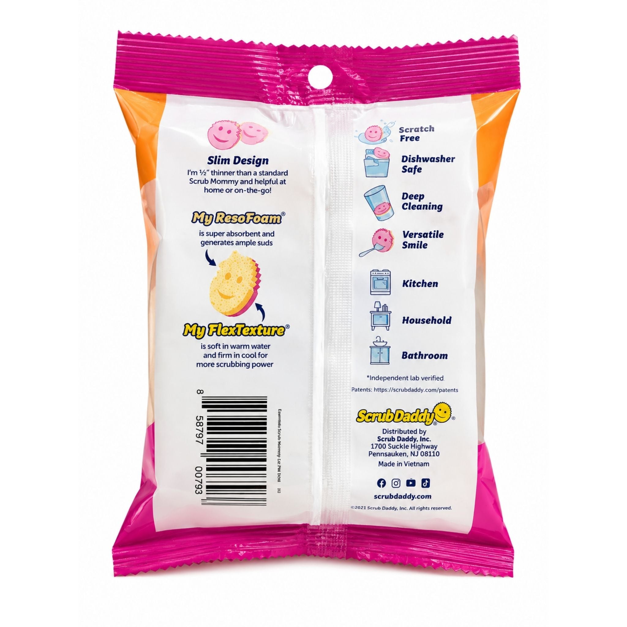 The back of a ScrubDaddy My Keest Foam wet wipe pack, featuring a white center with product details, a barcode, and colorful pink and orange borders, sealed in a bright pink and orange plastic bag.