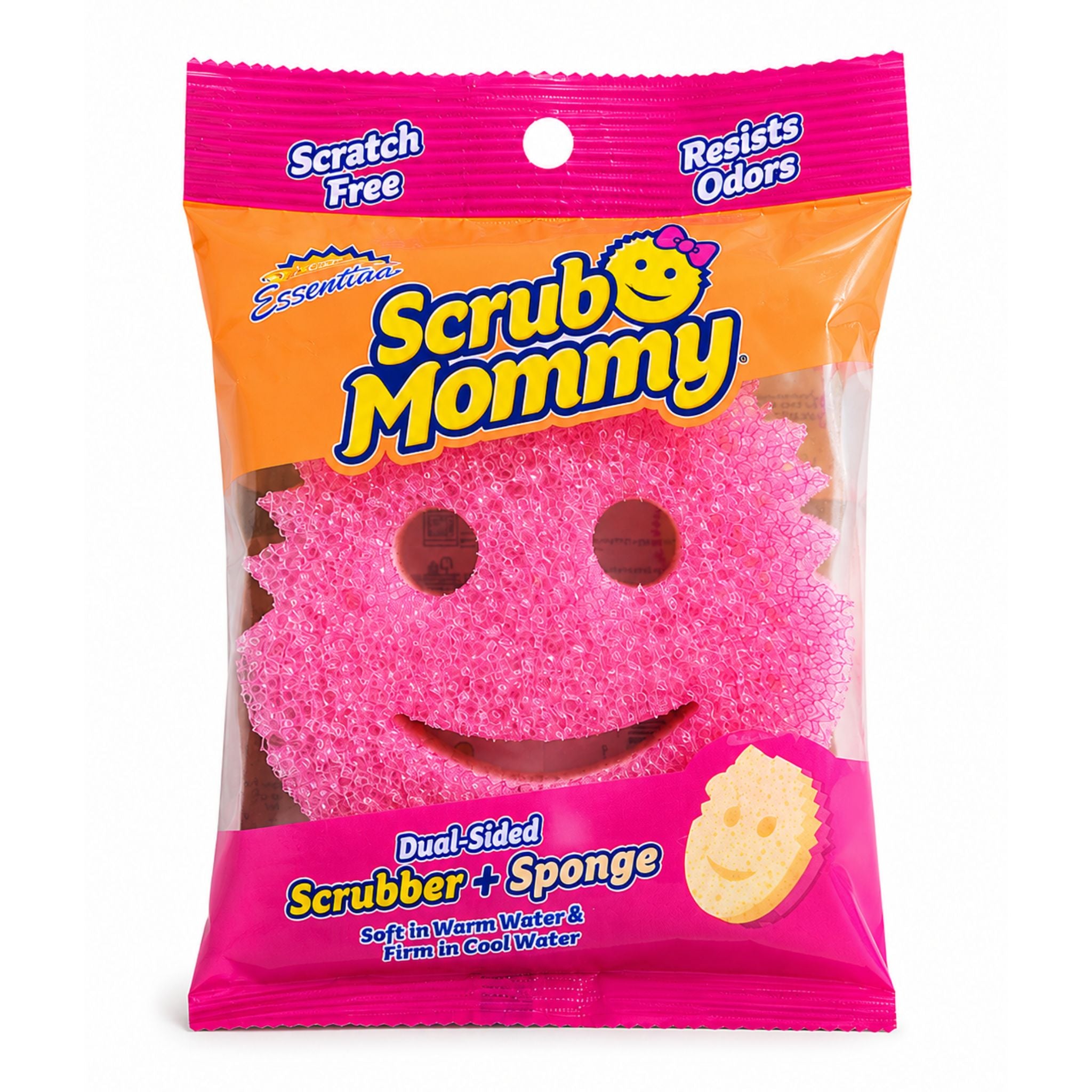 A bag of ScrubMommy dual-sided scrubber and sponge in bright pink, shown in its orange and pink retail packaging against a white background.