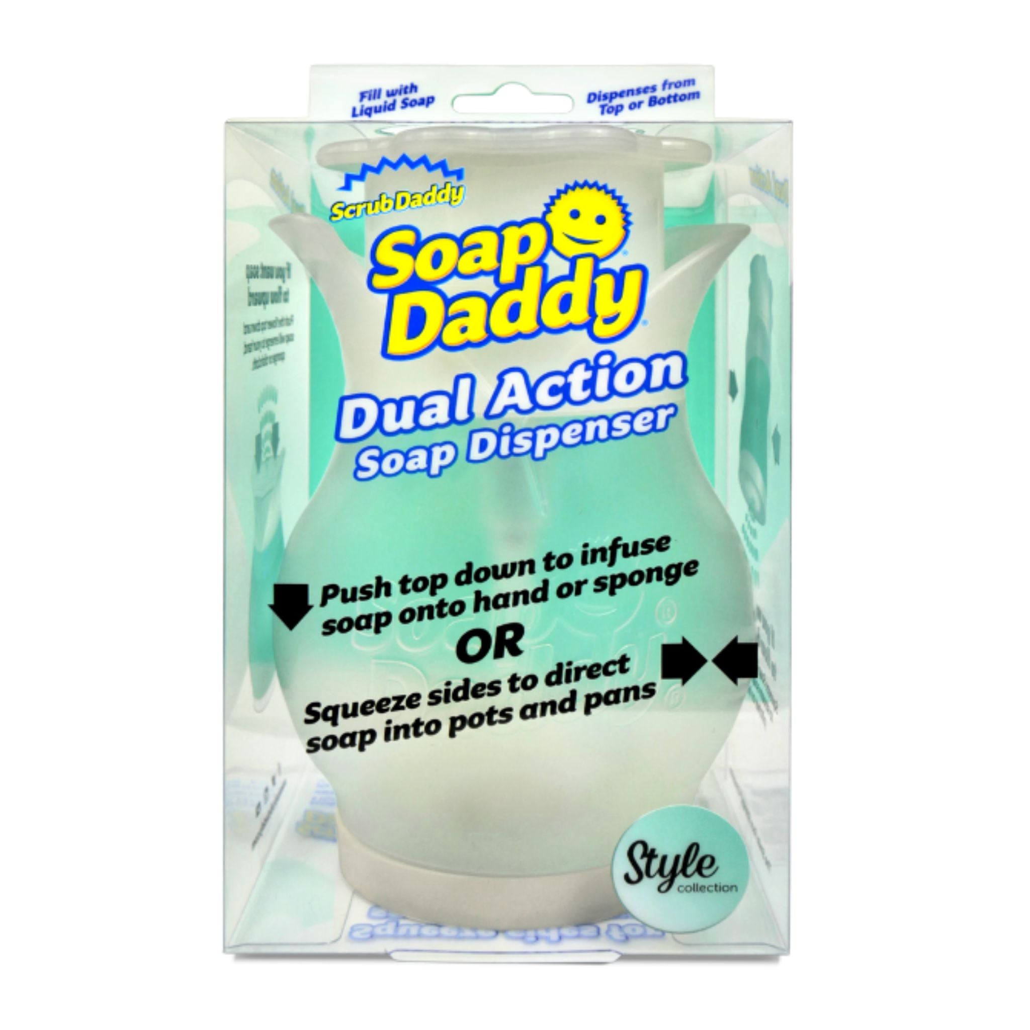 Soap Daddy dual action soap dispenser packaging on a white background