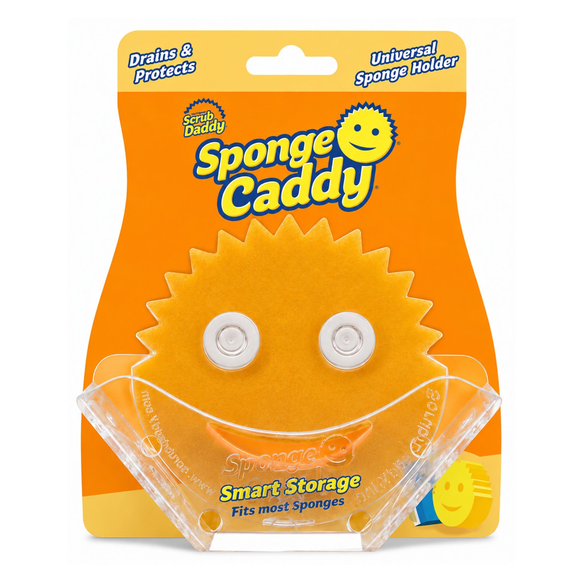 Sponge Daddy Smart Storage universal sponge holder in its original blister packaging. The holder is made of translucent clear plastic with a flexible, spiky orange-yellow sponge insert shaped like a smiling sun.