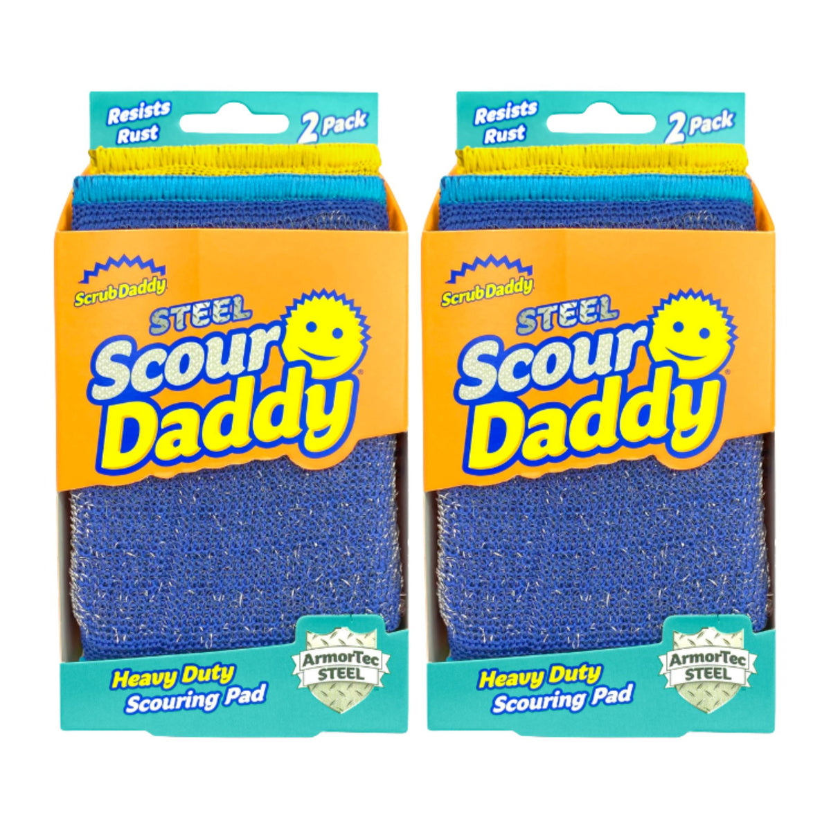 Two packages of Steel Scour Daddy heavy-duty scouring pads on a white background