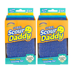 Two packages of Steel Scour Daddy heavy-duty scouring pads on a white background