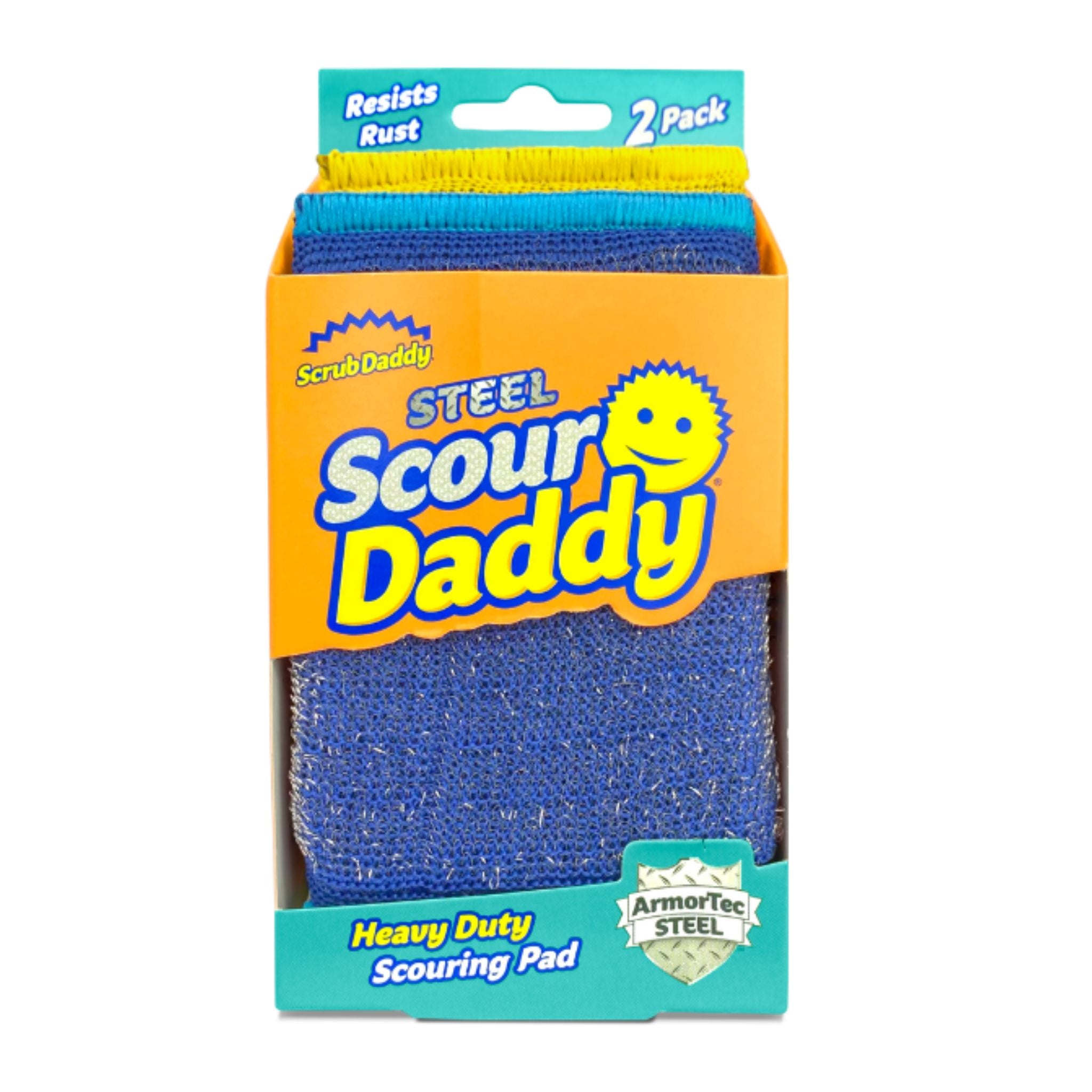Scour Daddy steel scouring pad packaging with blue pads and orange and yellow text on a white background