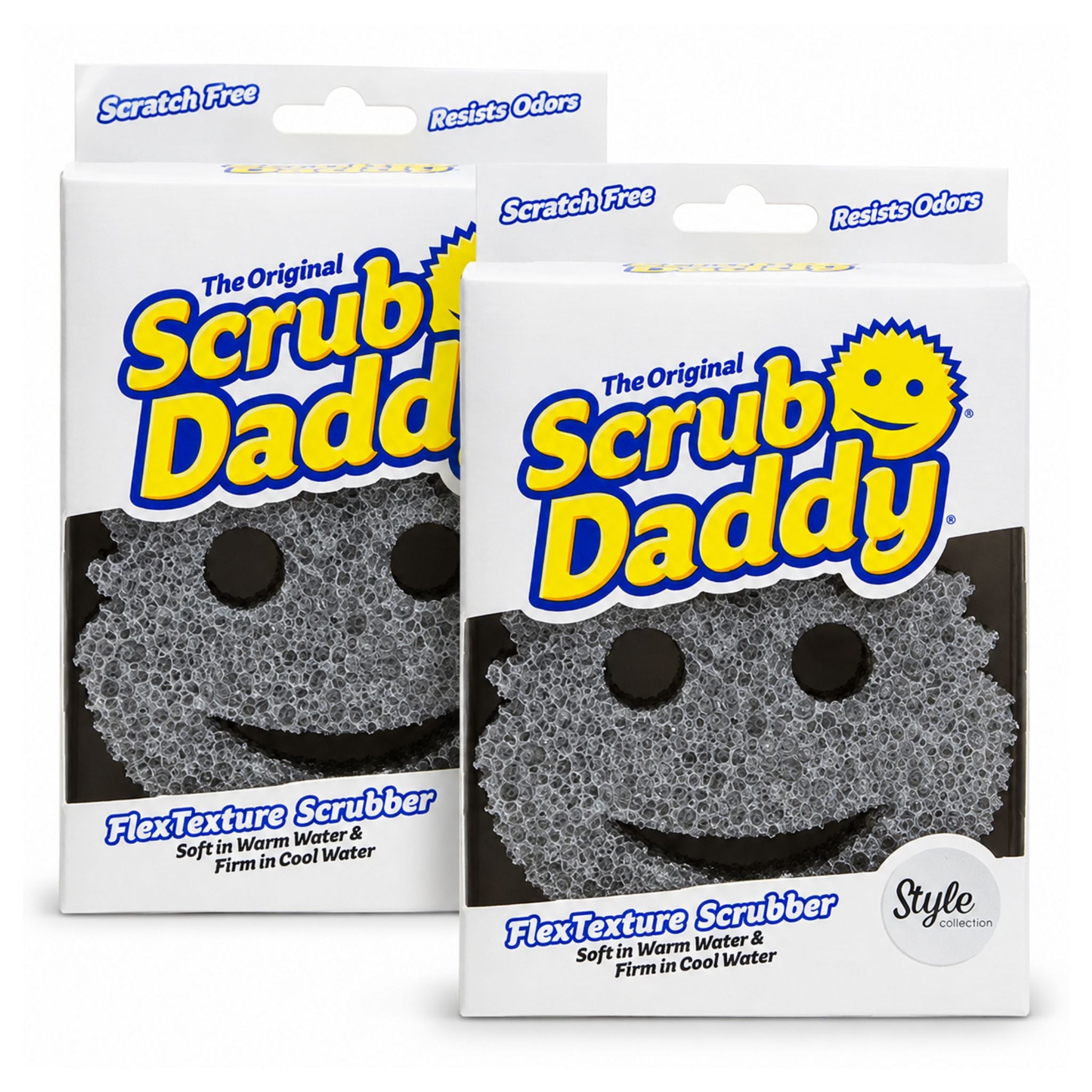 Two packages of The Original Scrub Daddy FlexTexture Scrubber shown on a white background, with the front package overlapping the rear package.