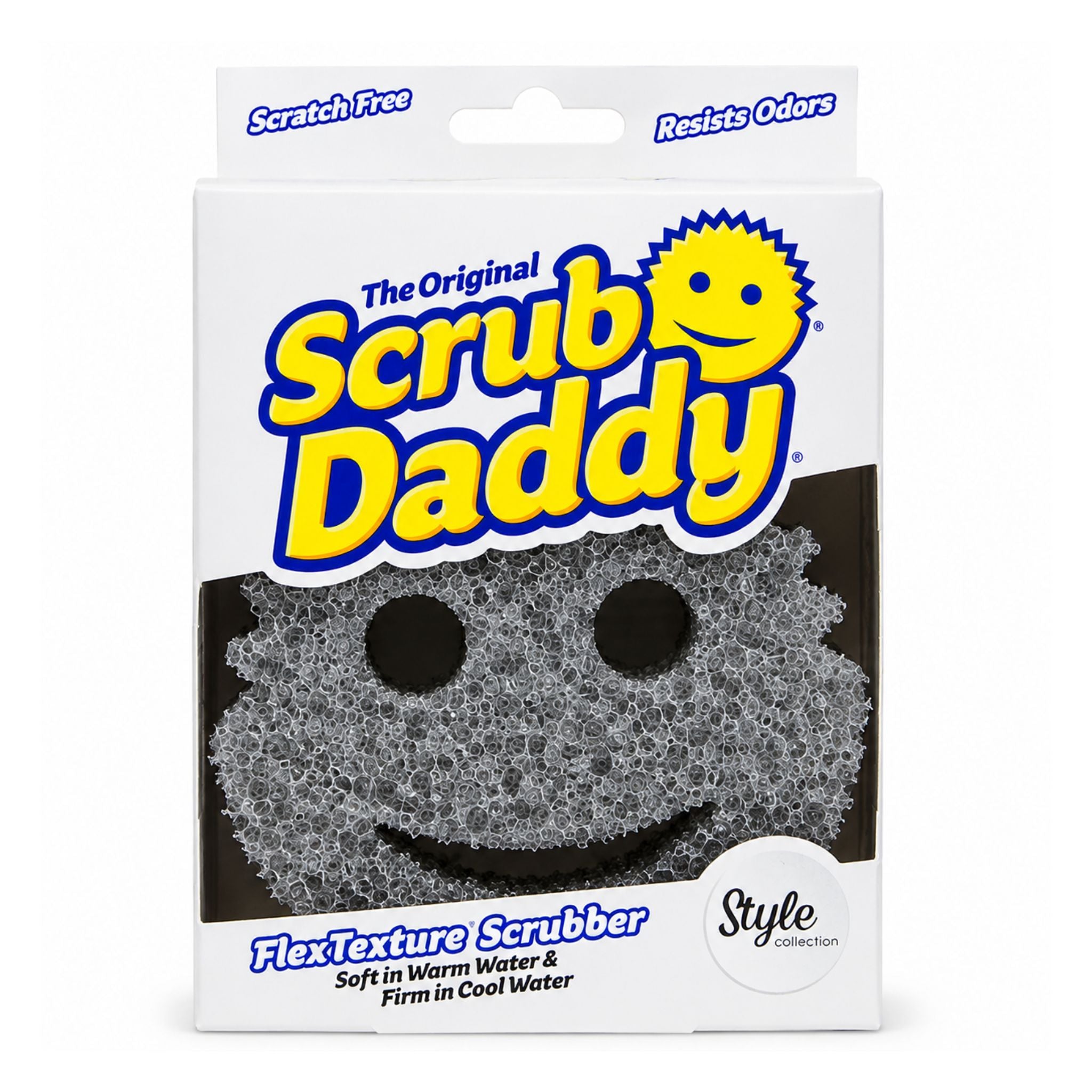 The Original Scrub Daddy FlexTexture Scrubber in its retail packaging, featuring a smiley face design on the box.