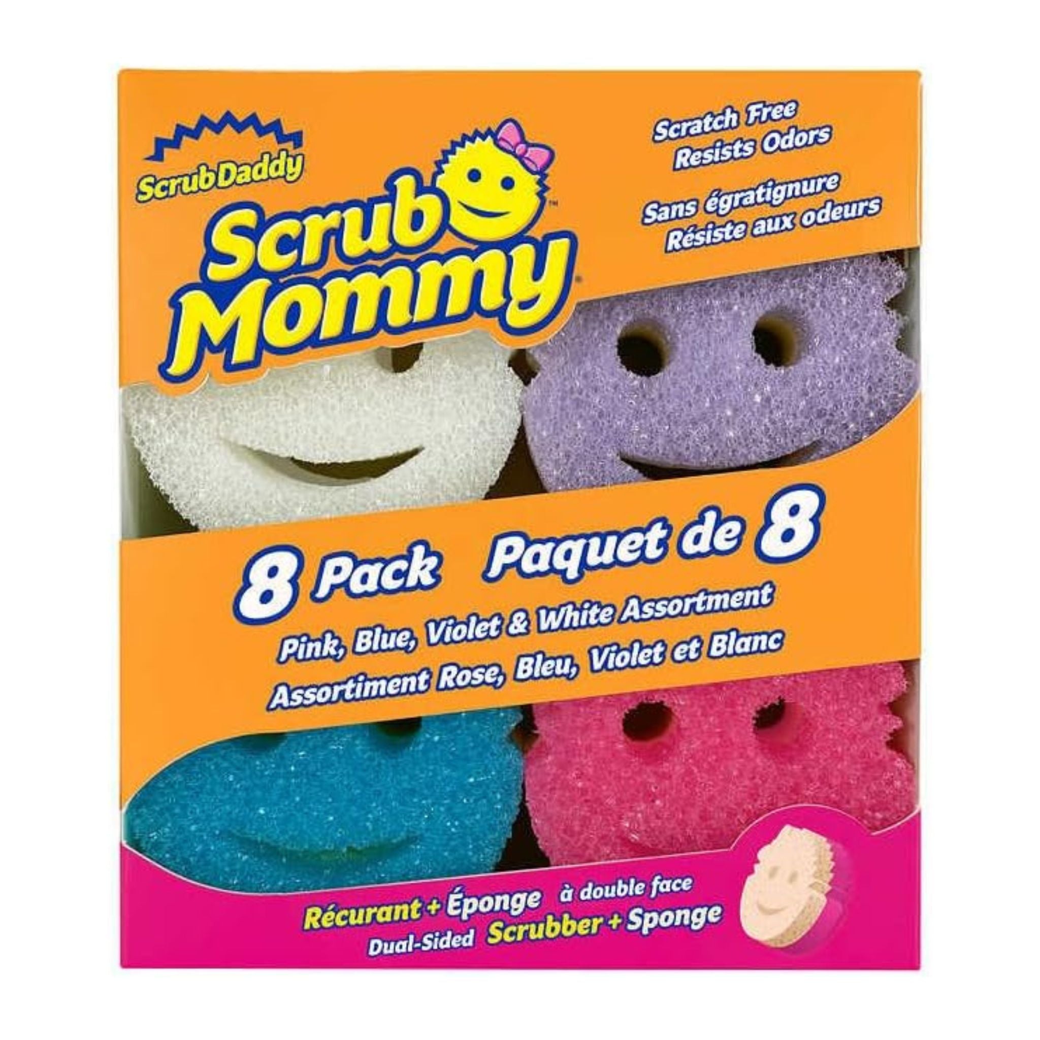 8-pack of Scrub Mommy dual-sided scrubber and sponge with colorful design on an orange background.