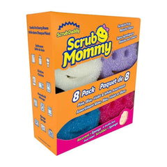 Box of Scrub Daddy Scrub Mommy sponges with multiple colors on an orange background