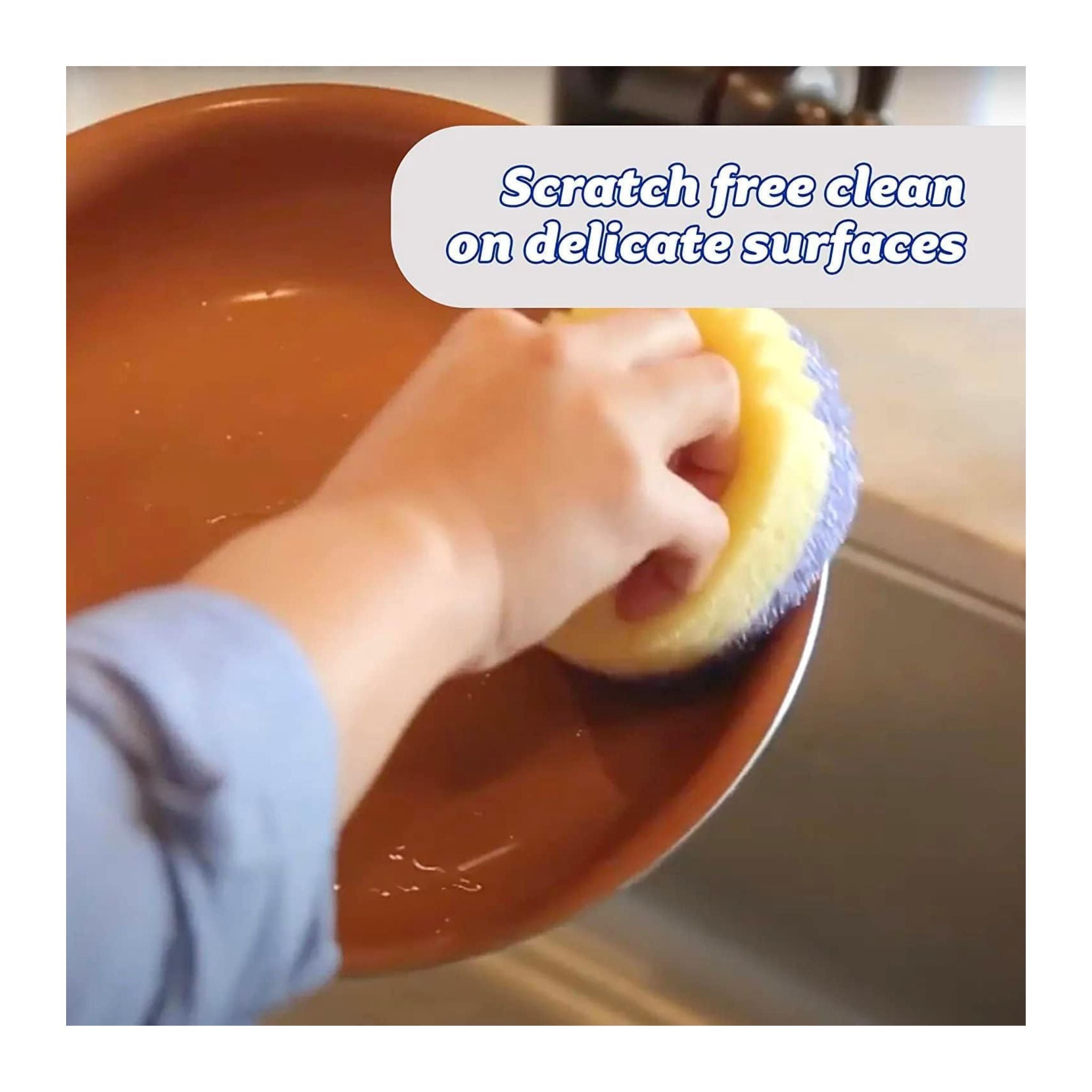 Person cleaning a pot with a sponge, text 'Scratch free clean on delicate surfaces' above.