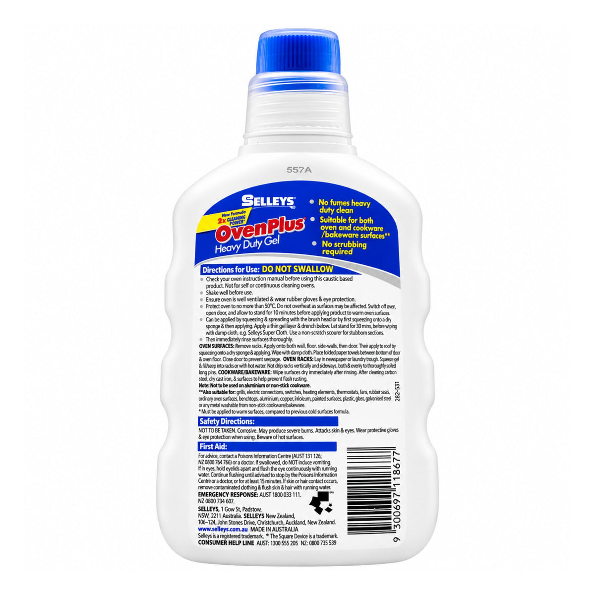 Back view of a Selleys OvenPlus Heavy Duty Gel bottle with a blue cap, showing the detailed product instructions and warning labels on a white background.