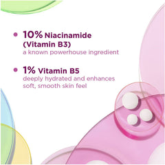 Product packaging with text about niacinamide and vitamin B5, featuring a close-up of white capsules.