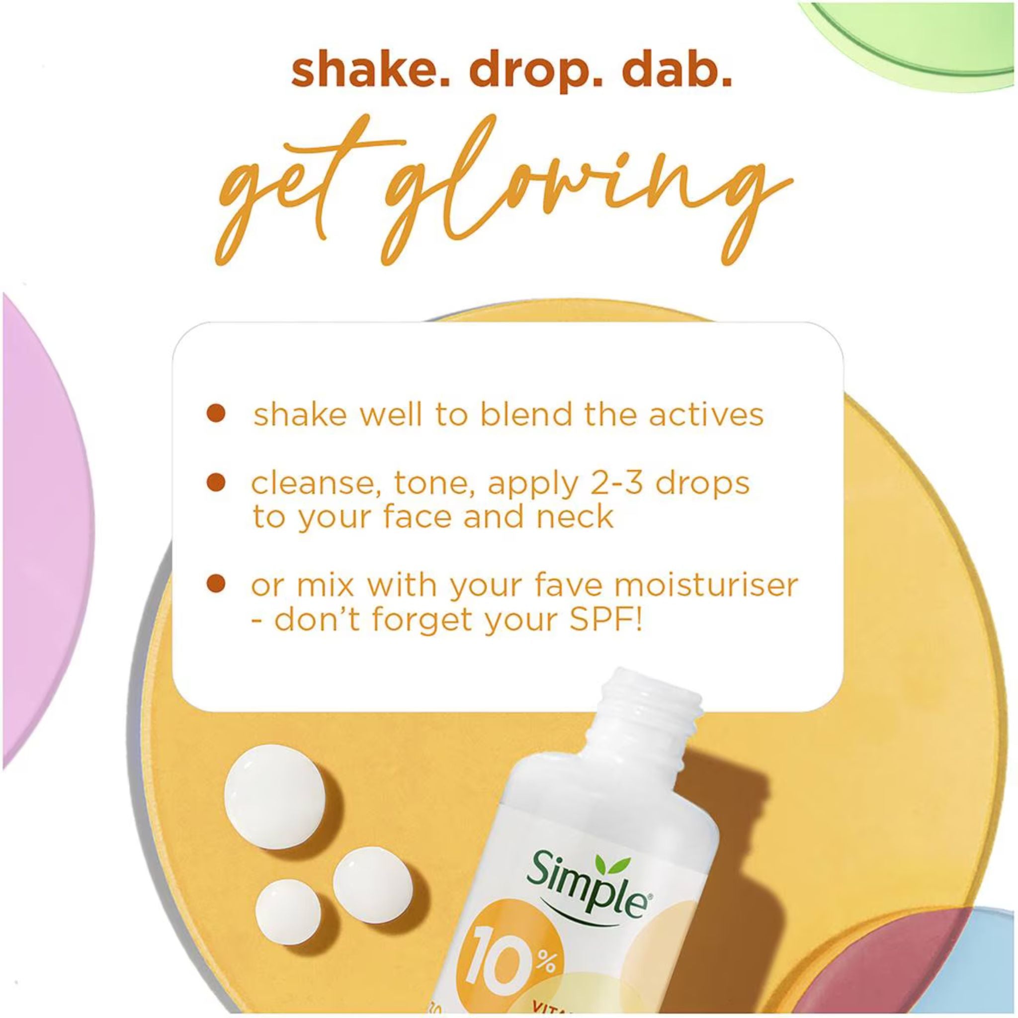 Instructions for using a skincare product with 'Simple' branding on a colorful background.