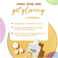Instructions for using a skincare product with 'Simple' branding on a colorful background.