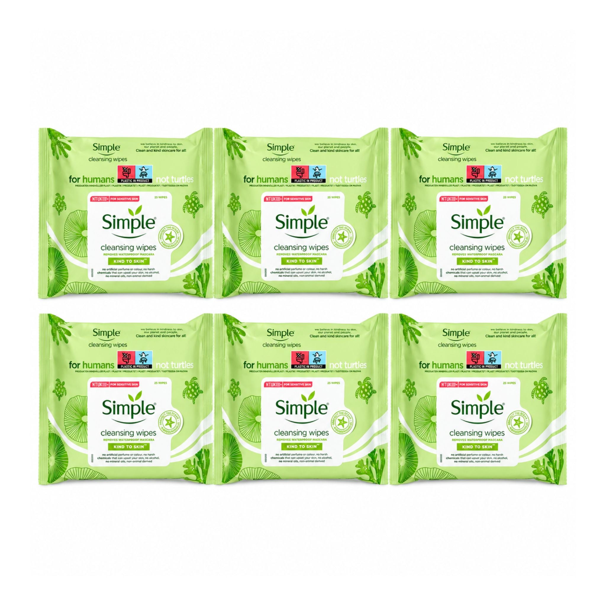 Multiple packages of Simple for humans cleansing wipes on a white background