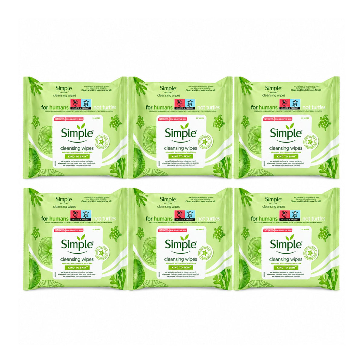 Multiple packages of Simple for humans cleansing wipes on a white background