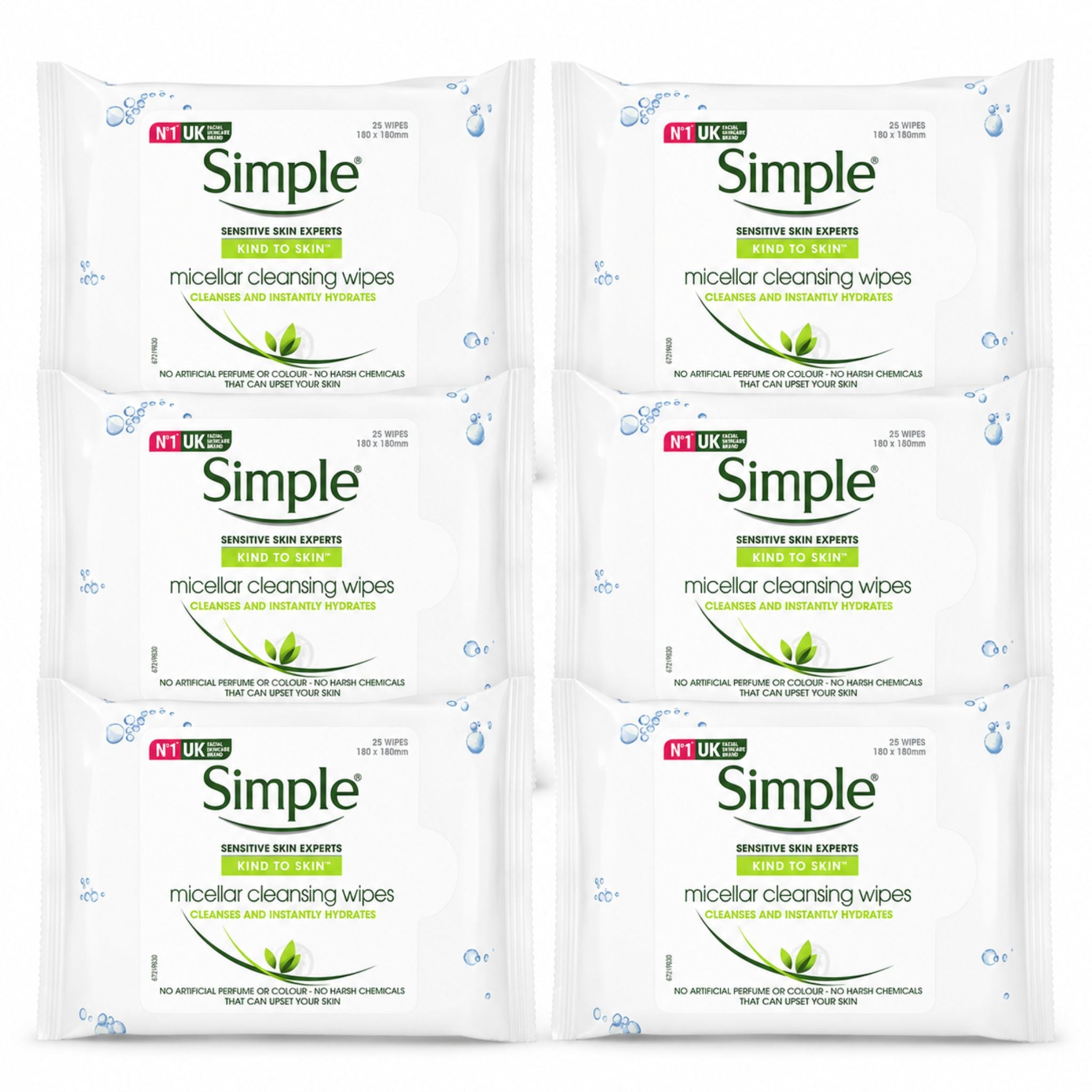 Four packages of Simple brand micellar cleansing wipes on a white background