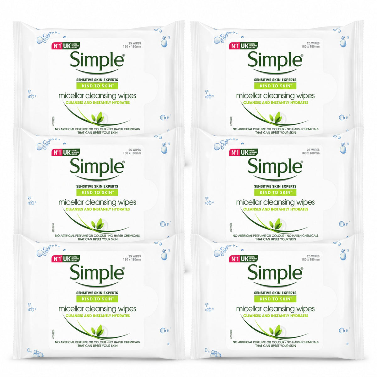 Four packages of Simple brand micellar cleansing wipes on a white background