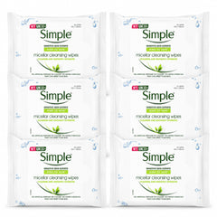 Four packages of Simple brand micellar cleansing wipes on a white background