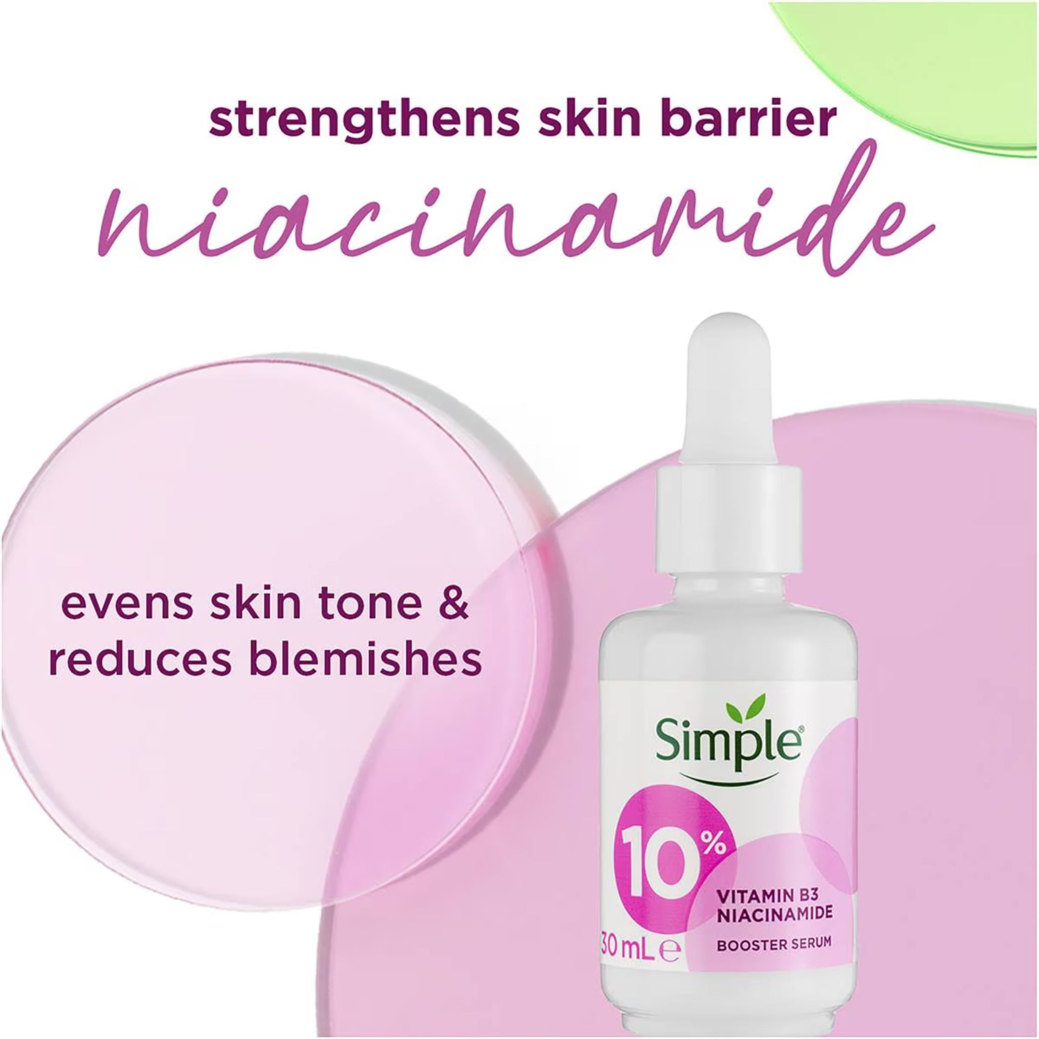 Simple 10% Vitamin B3 Niacinamide serum bottle with pink background and text highlighting benefits