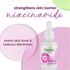 Simple 10% Vitamin B3 Niacinamide serum bottle with pink background and text highlighting benefits