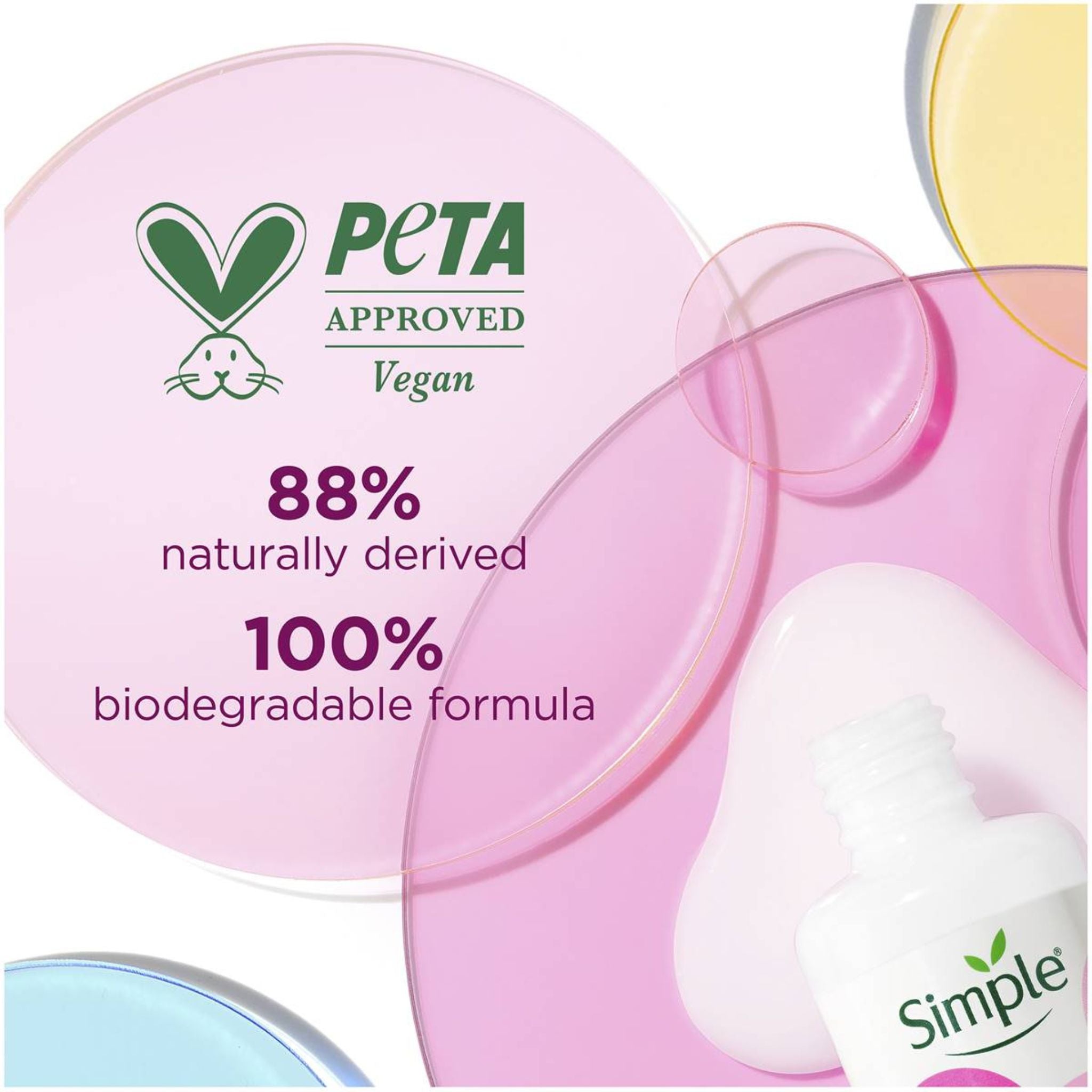 Product packaging with PETA approval and biodegradable formula claims on a white background