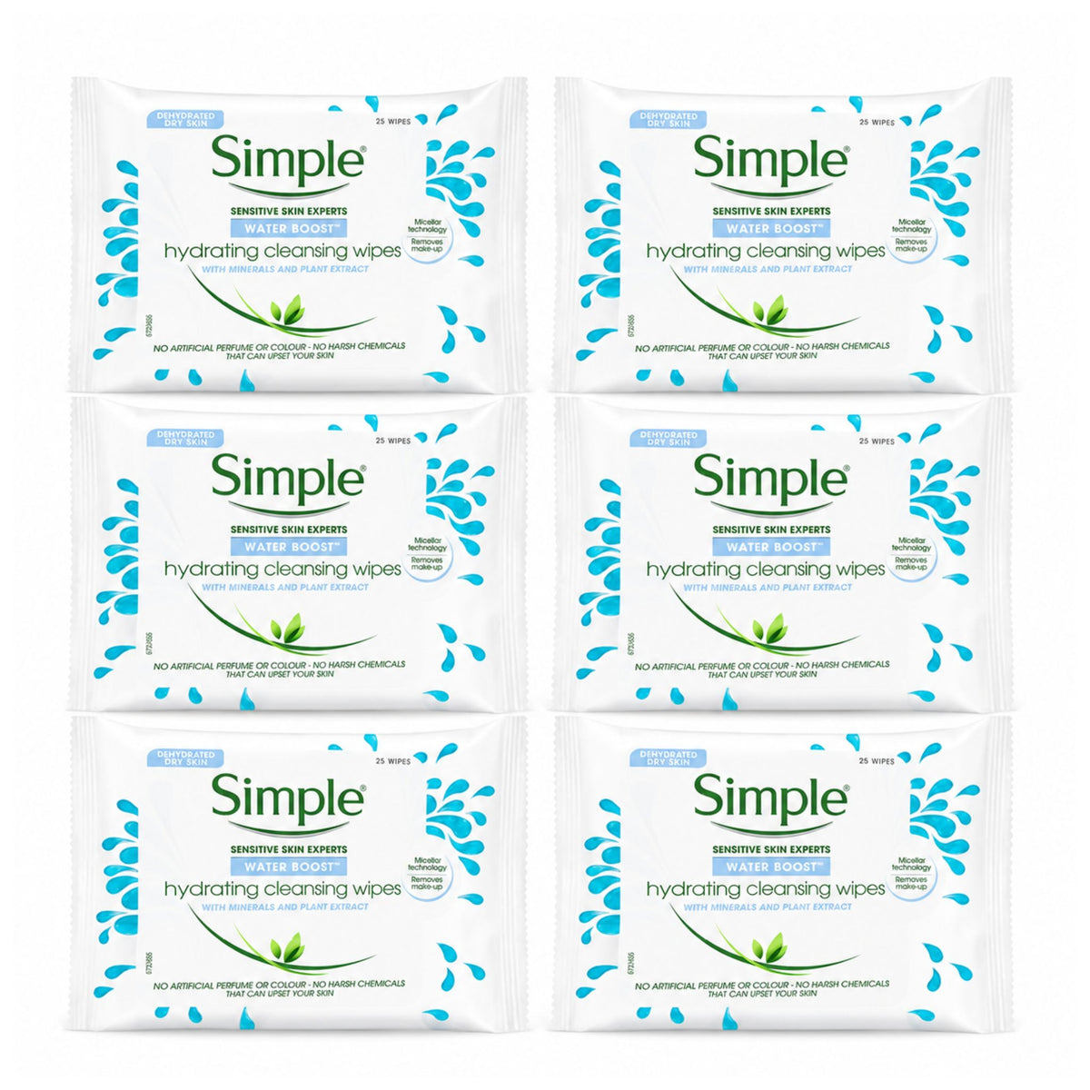 Multiple packages of Simple hydrating cleansing wipes on a white background