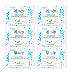Multiple packages of Simple hydrating cleansing wipes on a white background