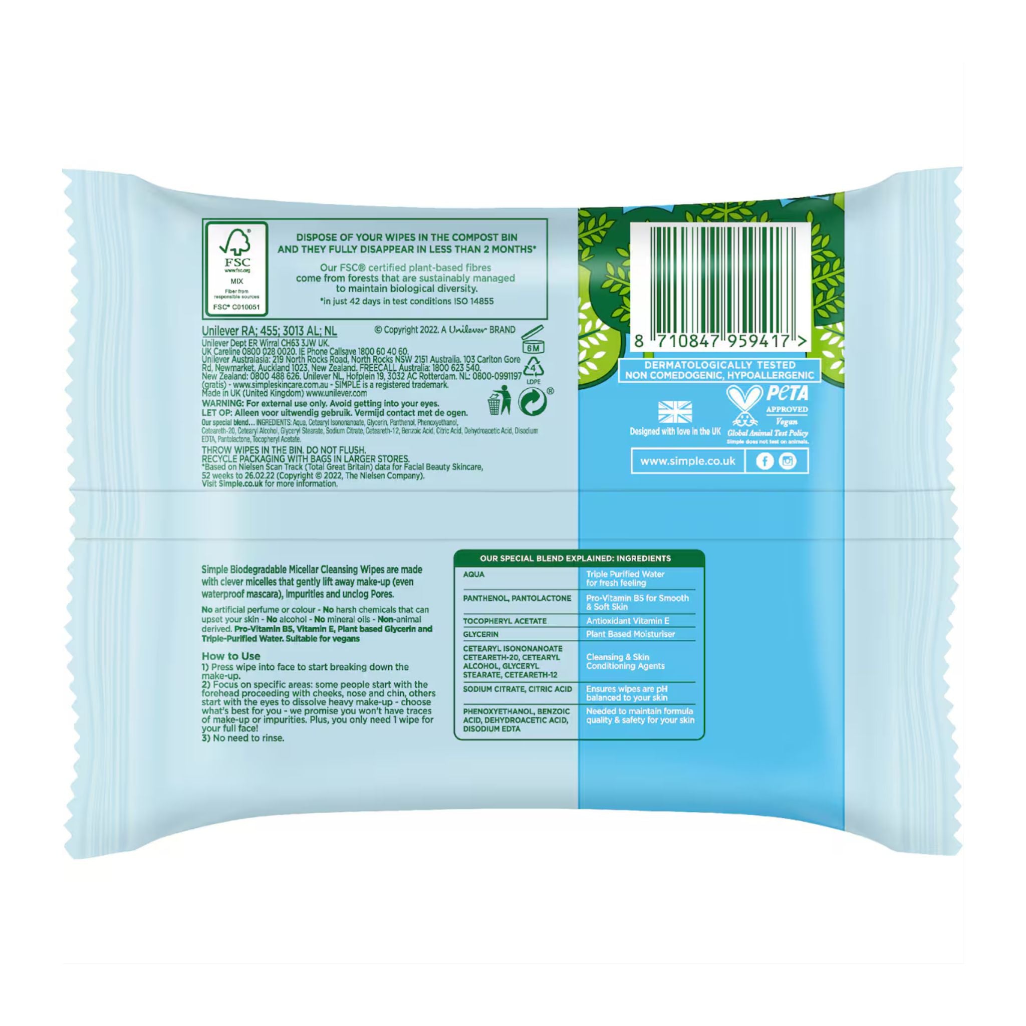 Packaged wipes with visible branding and recycling information on a white background