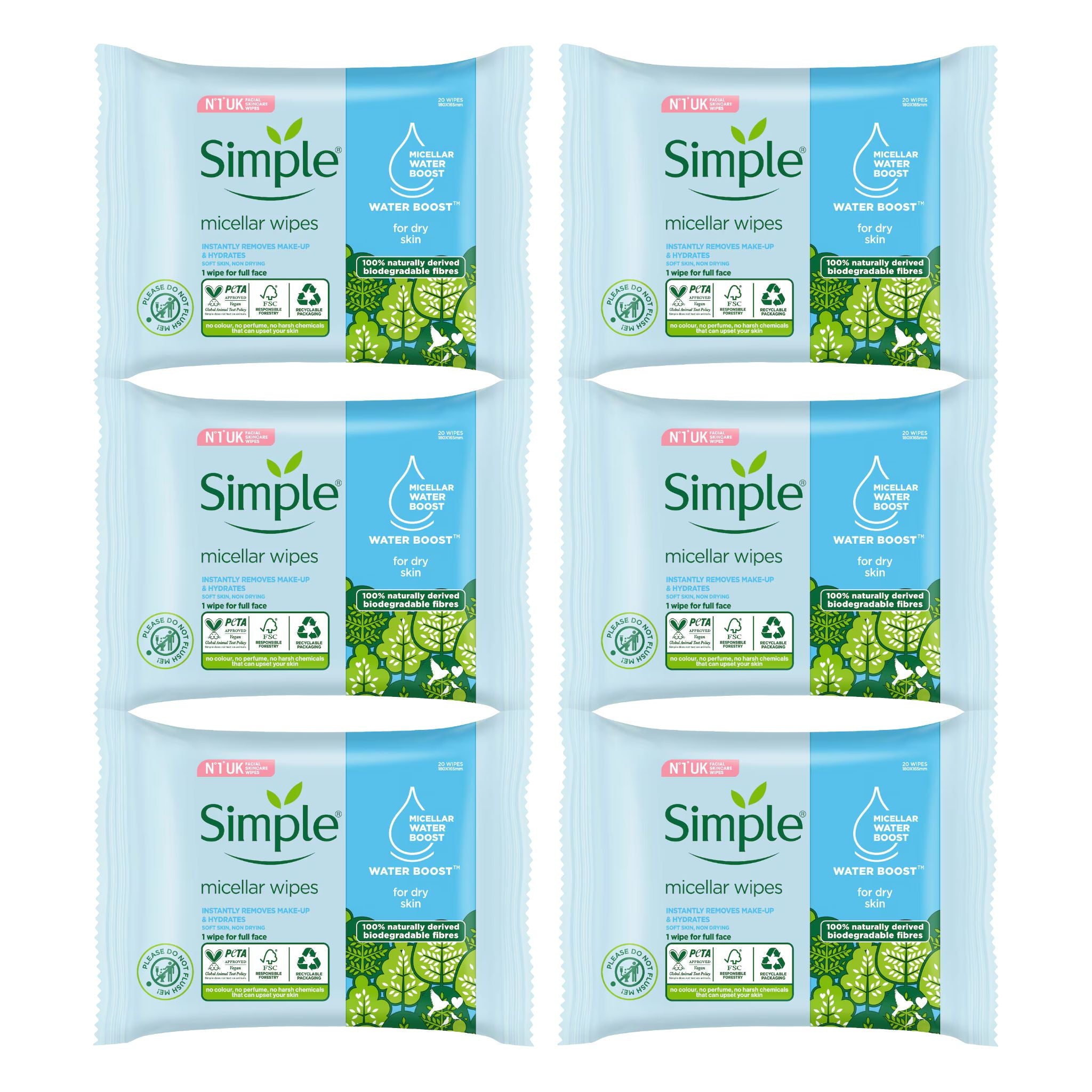Multiple packages of Simple micellar wipes on a white background