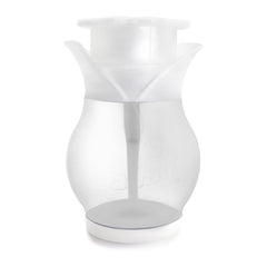 Clear glass vase with white top on a white background